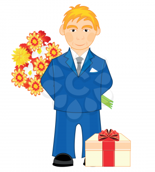 Man in suit with bouquet flower on white background is insulated