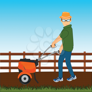 Vector illustration of the cartoon of the person with walking tractor working at vegetable garden