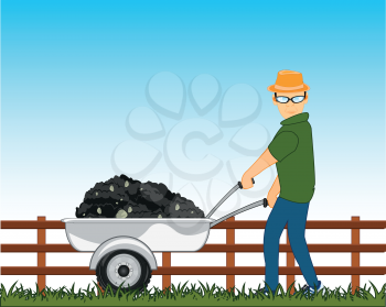Vector illustration of the farmer with pushcart working at area