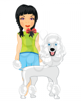 Vector illustration of the cartoon of the decorative dog poodle with girl teenager