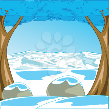 Vector illustration winter wood and snow tops afield
