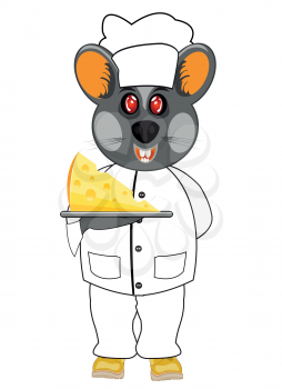 Cartoon mouse cook with piece of the cheese on plate