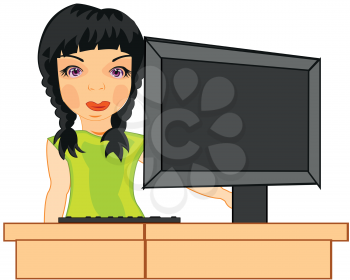 Vector illustration of the young beautiful girl sitting from computer