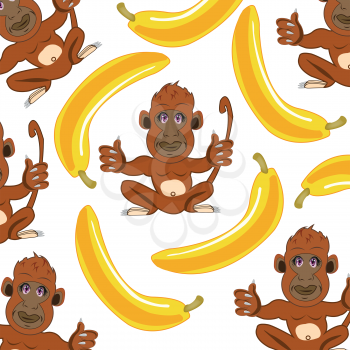 Ape and banana decorative pattern on white background is insulated