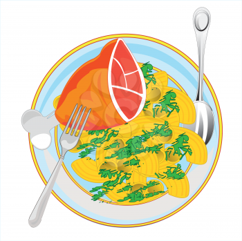 Vector illustration meat dish on plate noodle and ham