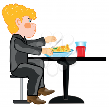 Man eats at the table on white background is insulated