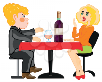 Cartoon of the girl and lad sitting for covered by table with bottle blame