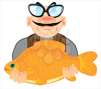 Cartoon men with big fish on white background is insulated