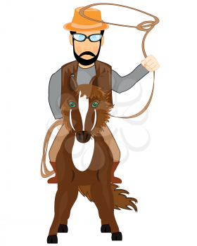 Cartoon cowpuncher with lasso on white background is insulated