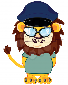Cartoon animal lion in cap and t-shirt on white background is insulated