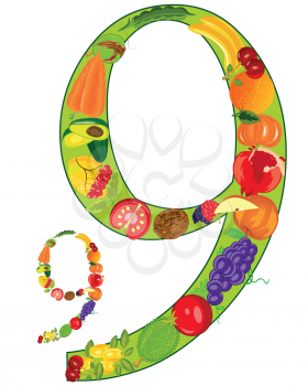 Numeral nine from fruit and vegetables on white background is insulated