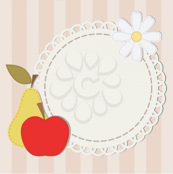 Royalty Free Clipart Image of a White Lace Doily With a Daisy on a Striped Background with a Pear and and Apple
