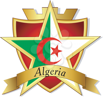 Royalty Free Clipart Image of a Gold Star with the Flag of Algeria on the Background of a Shield
