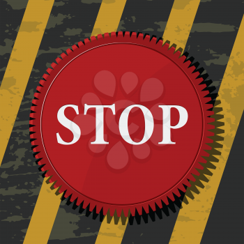 Royalty Free Clipart Image of a Red Circular Stop Button on a Yellow Stripe 
Background
