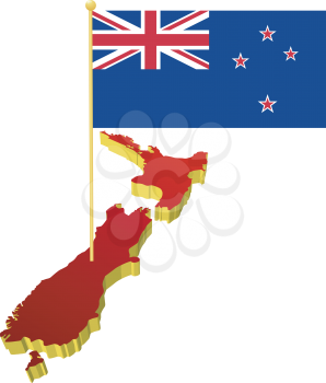 three-dimensional image map of New Zealand with the national flag 