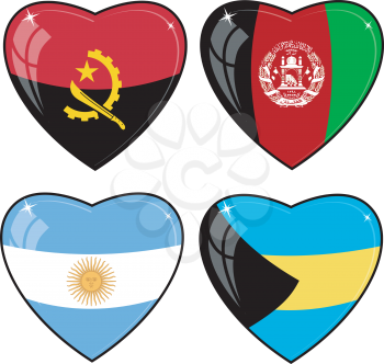 Set of vector images of hearts with the flags of Afghanistan, Angola, Argentina, Bahamas