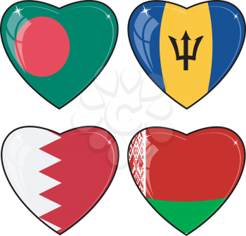 Set of vector images of hearts with the flags of Bangladesh, Barbados, Bahrain, Belarus