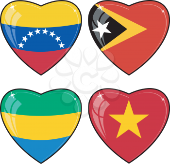 Set of vector images of hearts with the flags of Venezuela, East Timor, Vietnam, Gabon