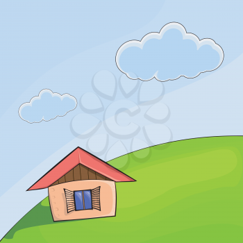 Vector illustration of a small house on the hill