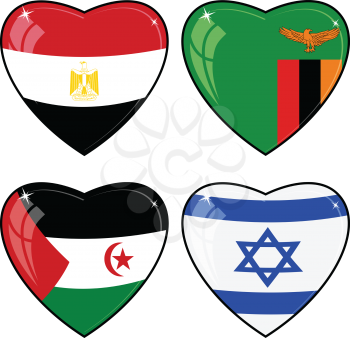 Set of vector images of hearts with the flags of  Egypt, Zambia, Sahara, Israel,