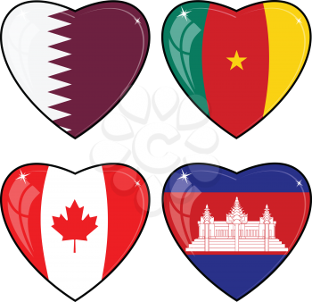 Set of vector images of hearts with the flags of Cambodia, Cameroon, Canada, Qatar,