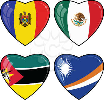 Set of vector images of hearts with the flags of Marshall Islands, Mexico, Mozambique, Moldova,