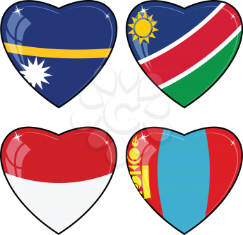 Set of vector images of hearts with the flags of Nauru, Namibia, Monaco, Mongolia