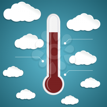 Abstract thermometer on the  blue background with clouds