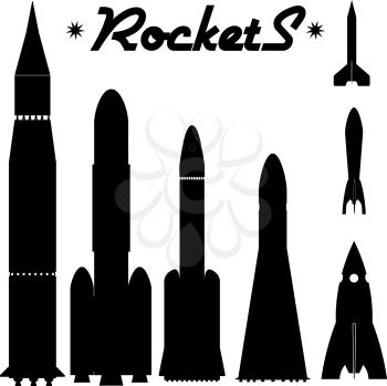 Set of silhouettes of rockets