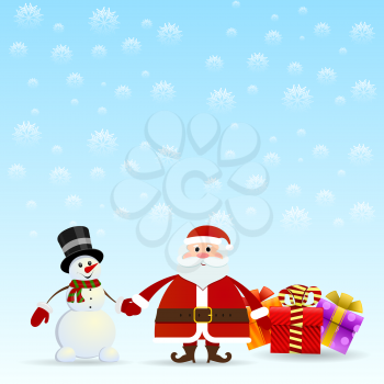 Santa Claus and snowman with gifts on a snow background