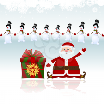 Santa Claus sitting with gifts surrounded by snowmen
