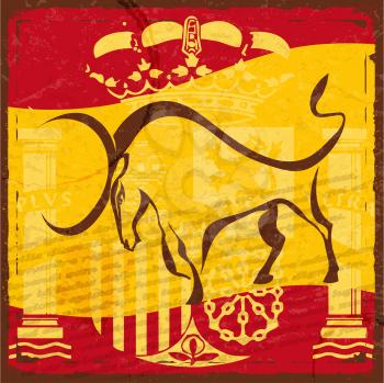 Grunge Spanish flag with the emblem and the silhouette of a black bull