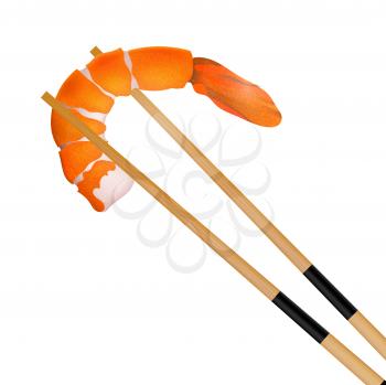 Prawn with chopstick isolated on the white background.