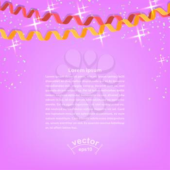 Confetti and streamers on bright pink festive background. Vector illustration.