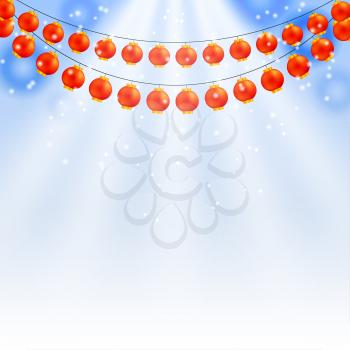 Winter blue background and garland of Chinese lanterns. Vector illustration.