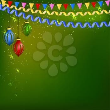 Green festive background with serpentine, Christmas toys and flags. Vector illustration