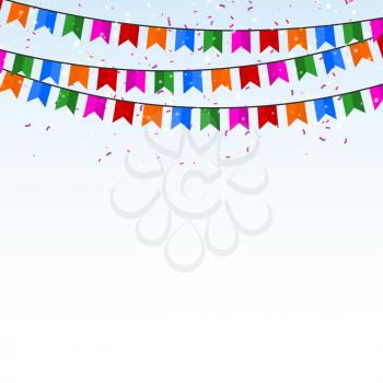 Celebratory background with confetti and flags. Vector illustration