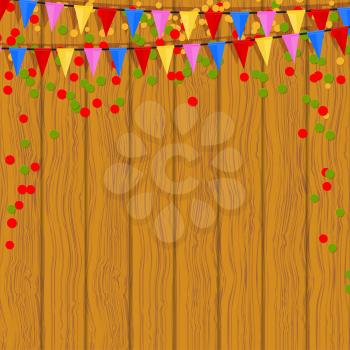 Festive flags and confetti on a wooden background. Vector illustration.