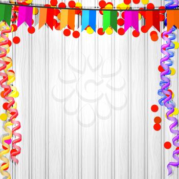 Festive flags, serpentine and confetti on a wooden background. Vector illustration.
