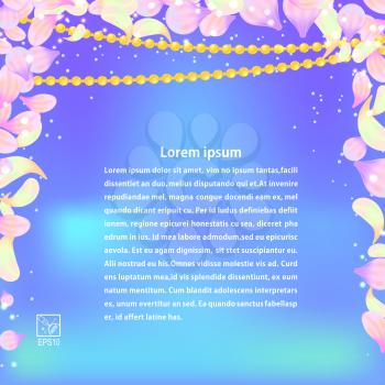 Blue texture with rose purple flowers and a garland of pearls. Vector illustration.