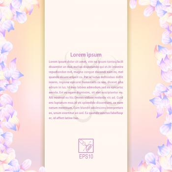 Romantic frame with purple flowers petals and a field for the text. Vector illustration.