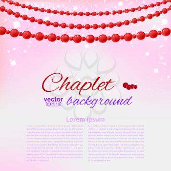 Garland of red pearls on pink background with reflections. Vector illustration.