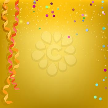 Yellow background and streamers, confetti. Vector illustration.
