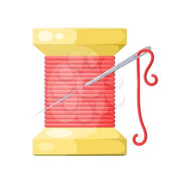 Spool of thread and needle red with highlights and shadows. Isolated on white background. Vector illustration. 