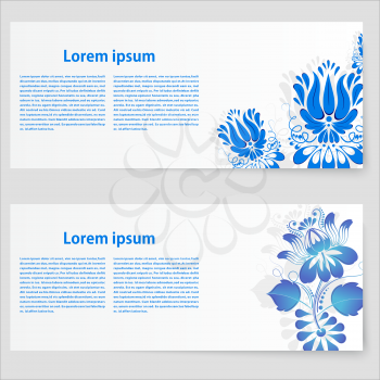 Set of banners on a white background decorated with blue flowers. Gzhel style. Vector illustration.