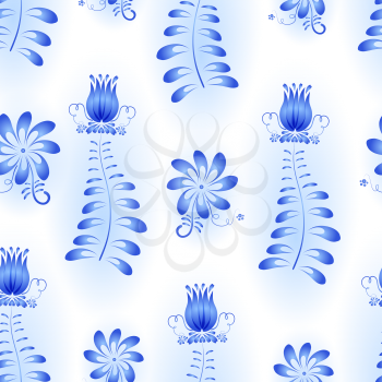 Seamless background with blue abstract floral ornament. Gzhel style. 
Vector illustration.
