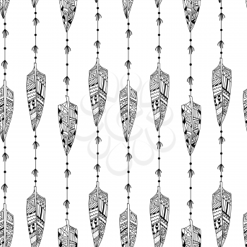 Black and white seamless texture with ornaments from bird feathers in tribal style. Feathers. Vector illustration.