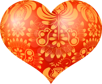 Red three-dimensional heart with floral gold ornament. Vector illustration.