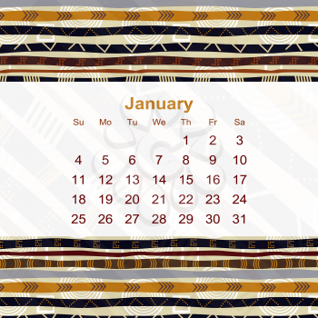 Calendar designed in the style of Tribal. 2015. January. Ethno. Vector illustration.