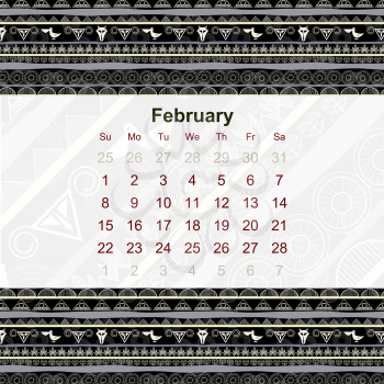 Calendar designed in the style of Tribal. 2015. February. Ethno. Vector illustration.